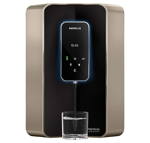 Havells Digitouch Alkaline Water Purifier, SMART TOUCH water dispense, Copper+Zinc+Alkaline natural minerals, 8 stage Purification, 6L tank, Double UV Purification tech.(RO+UV) (Champagne & Black)(OPEN BOX) Havells Digitouch Alkaline Water Purifier, SMART TOUCH water dispense, Copper+Zinc+Alkaline natural minerals, 8 stage Purification, 6L tank, Double UV Purification tech.(RO+UV) (Champagne & Black)(OPEN BOX)